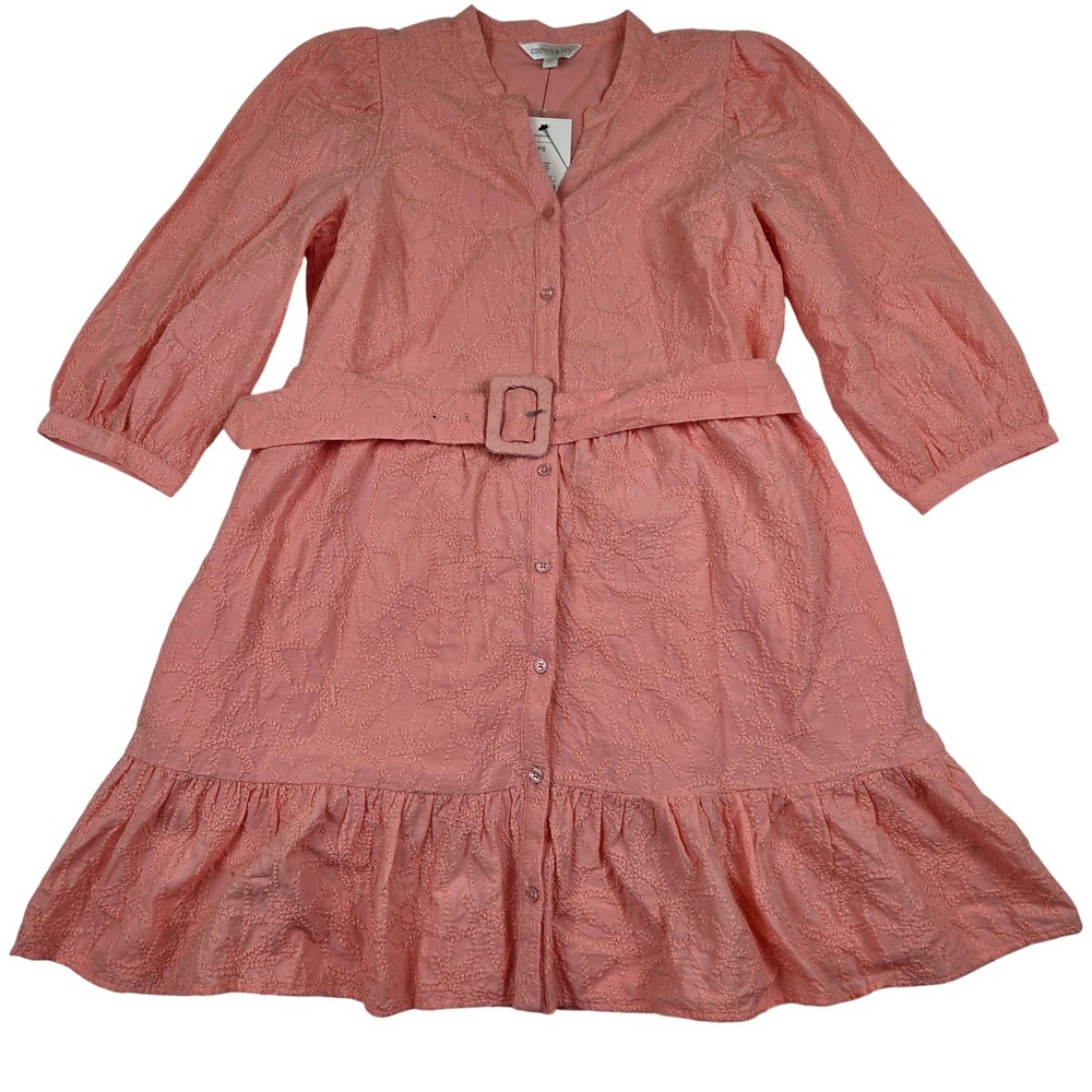 Coral Pink Eyelet Button Front Belted Dress Ruffle Puff Sleeve PS Crown & Ivy